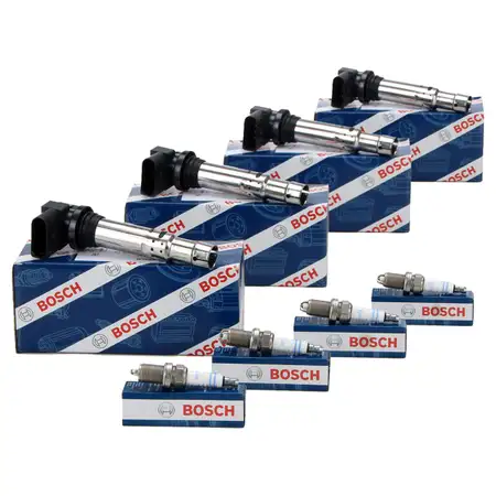 4x BOSCH Z&uuml;ndspule + 4x BOSCH Z&uuml;ndkerze f&uuml;r VW GOLF 4 5 Polo SEAT Ibiza SKODA 1.4 1.6