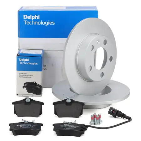 DELPHI Bremsscheiben + Bremsbel&auml;ge + Warnkontaktsensor f&uuml;r VW Polo 4 9N SEAT 3 hinten