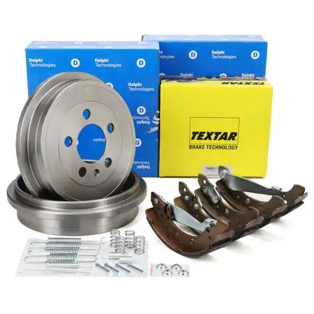DELPHI Bremstrommeln + TEXTAR Bremsbacken f&uuml;r VW Polo 4 5 Fox Ibiza 3 4 Fabia 1 2 3 hinten
