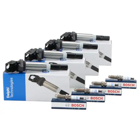 4x DELPHI Z&uuml;ndspule + 4x BOSCH Z&uuml;ndkerze f&uuml;r BMW 1er E81-88 3er E90-93 5er E60 E61 N43
