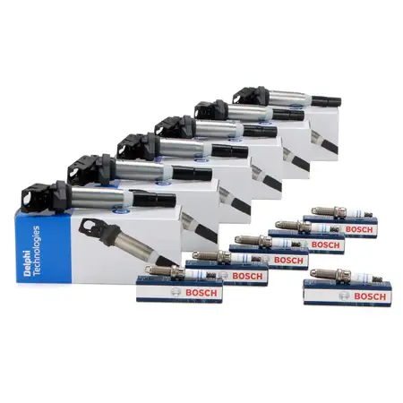 6x DELPHI Z&uuml;ndspule + 6x BOSCH Z&uuml;ndkerze f&uuml;r BMW 3er E90-93 5er E60 E61 F10 6er N52 N53