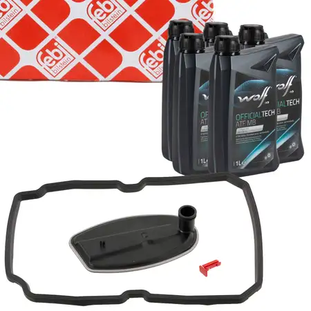 febi Getriebefilter Satz Automatikgetriebe + 5L WOLF Getriebe&ouml;l f&uuml;r MERCEDES 5-Gang 722.6
