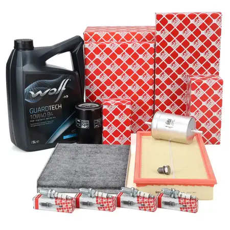 febi Filterset 4-tlg 4x Z&uuml;ndkerze 5L WOLF 10W-40 B4 Motor&ouml;l f&uuml;r VW Golf 4 A3 1.6 1.8/T 2.0
