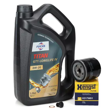 5L FUCHS TITAN 0W-20 Motor&ouml;l + HENGST &Ouml;lfilter f&uuml;r VW Golf 7 8 Passat Polo 5 6 1.0-1.5 TSI