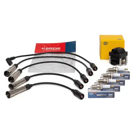 HELLA Z&uuml;ndspule + BREMI Z&uuml;ndkabelsatz + 4x BERU Z&uuml;ndkerze f&uuml;r VW Golf 3 1.8 2.0 90/115 PS