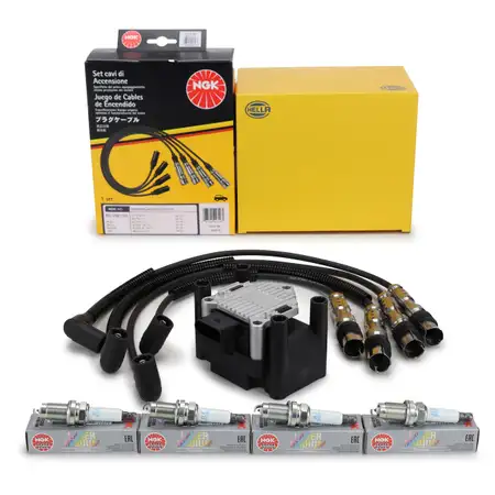 HELLA Z&uuml;ndspule + NGK Kabelsatz + 4x Z&uuml;ndkerze f&uuml;r VW Golf 6 Polo 5 Touran 8X 8P 1.2 TSI