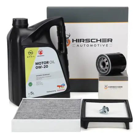 HIRSCHER Filterset + 5L ORIGINAL 0W20 Motor&ouml;l f&uuml;r OPEL Karl C16 1.0/LPG 73/75 PS