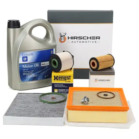 HIRSCHER Filterset 4-tlg + 5L ORIGINAL 5W30 dexos2 Motor&ouml;l f&uuml;r OPEL B 1.6 CDTI Fgst.