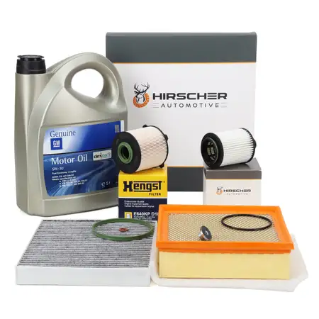 HIRSCHER Filterset 3-tlg + 5L ORIGINAL 5W30 dexos2 Motor&ouml;l f&uuml;r OPEL B 1.3 CDTI Fgst.