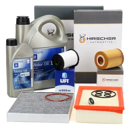 HIRSCHER Filterset 4-tlg + 6L ORIGINAL 5W30 dexos2 Motor&ouml;l f&uuml;r OPEL Mokka/10 1.7 CDTI Fgst