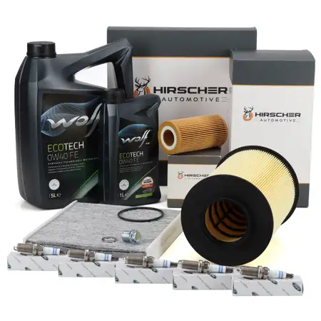 HIRSCHER Filterset 5x ORIGINAL Z&uuml;ndkerze 6L WOLF ECOTECH 0W40 FE Motor&ouml;l f&uuml;r FORD Focus 2