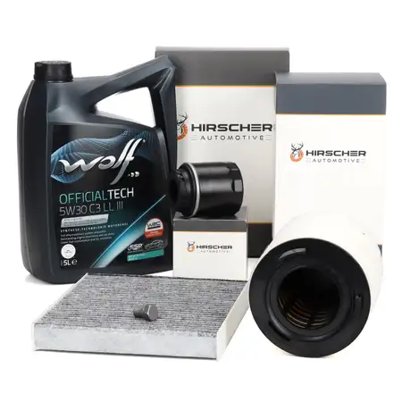 HIRSCHER Filterset + 5L WOLF 5W30 C3 LL 3 Motor&ouml;l f&uuml;r VW Polo 5 A1 IBiza Fabia 1.2/1.4 TSI