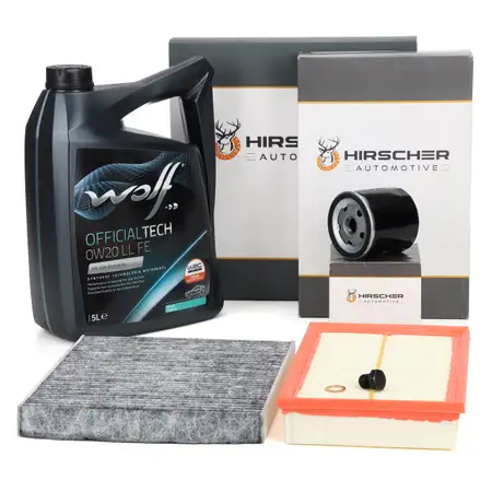 HIRSCHER Filterset + 5L WOLF 0W20 LL FE Motor&ouml;l f&uuml;r VW Golf 7 8 Passat 8V 8Y 1.0/1.5 TSI