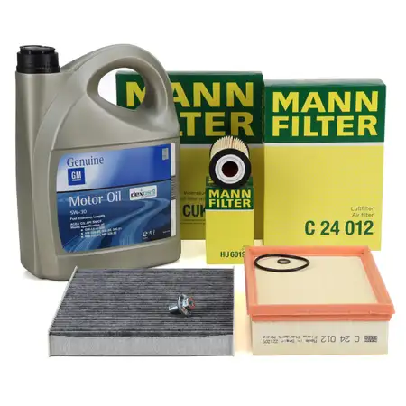 MANN Filterset 3-tlg + 5L ORIGINAL 5W-30 dexos2 Motor&ouml;l f&uuml;r OPEL Mokka/10 J13 1.6 CDTi