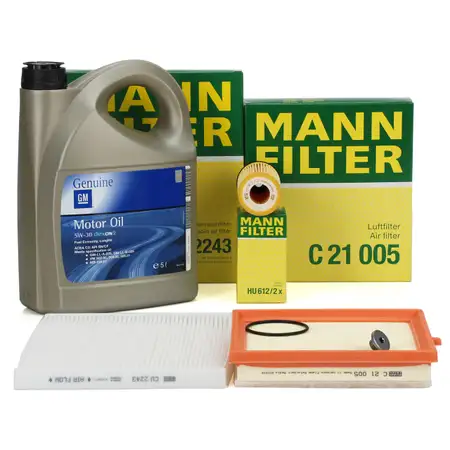 MANN Filterset Filterpaket + 5L ORIGINAL 5W30 dexos2 Motor&ouml;l f&uuml;r OPEL Adam 1.2 1.4/LPG/S