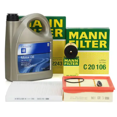 MANN Filterset + 5L ORIGINAL 5W30 dexos2 Motor&ouml;l f&uuml;r OPEL Corsa D 1.0 1.2 1.4 bis Motor