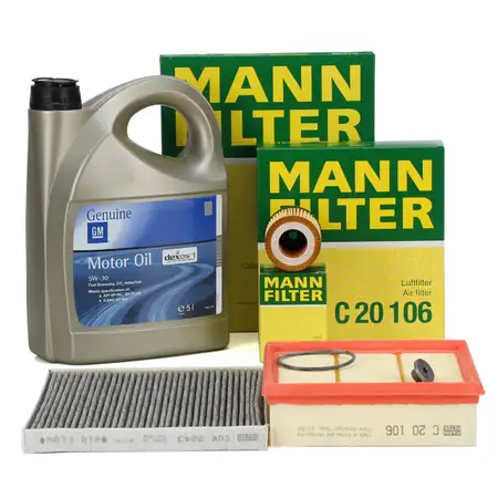 MANN Filterset + 5L ORIGINAL 5W30 dexos1 Gen3 Motor&ouml;l f&uuml;r OPEL D 1.0-1.4 bis 19MA9234