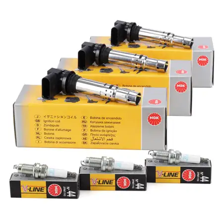 3x NGK Z&uuml;ndspule + 3x V-LINE 44 Z&uuml;ndkerze f&uuml;r VW Polo 4 5 Ibiza 4 Fabia 1 2 1.2 60-75
