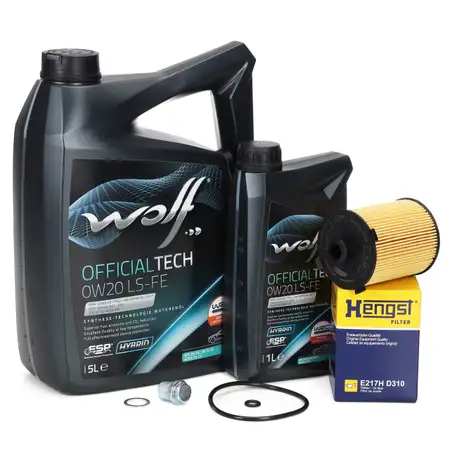 6L WOLF OFFICIALTECH 0W20 LS-FE Motor&ouml;l + HENGST &Ouml;lfilter f&uuml;r VOLVO XC40-90 T2-T8 D2-D5