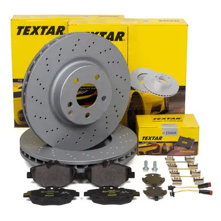 TEXTAR Brake Discs + Pads + Sensor for MERCEDES W211 E200/220CDI with Sport Package (Front)