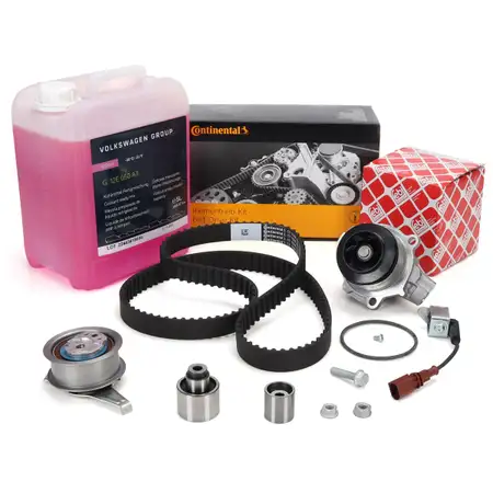CONTI Zahnriemensatz + febi Wapu + 5L OE Frostschutz f&uuml;r VW Golf 7 Passat 1.6/2.0 TDI