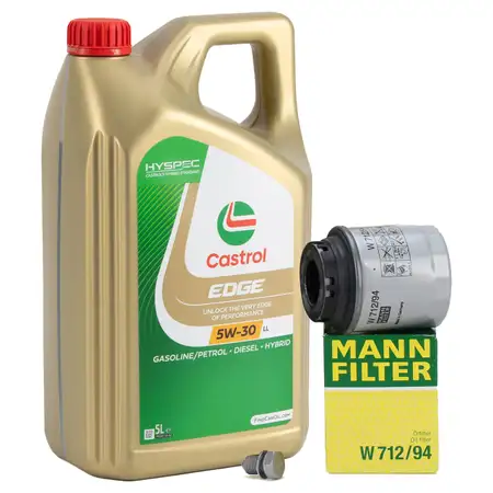 5L CASTROL EDGE 5W-30 LL Motor&ouml;l + MANN &Ouml;lfilter f&uuml;r VW Golf 6 Passat Polo 1.2/1.4 TSI