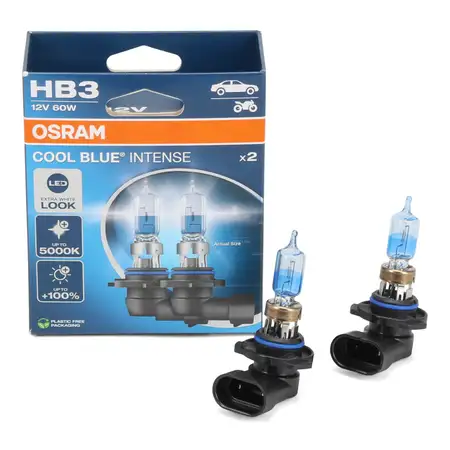 2x OSRAM Gl&uuml;hlampe Halogenlampe HB3 COOL BLUE INTENSE LED-LOOK P20d 60W 12V 5000K +100%