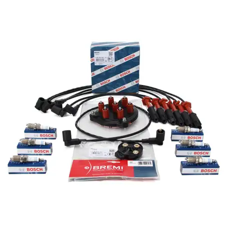 BOSCH Verteilerkappe + Finger + BREMI Kabelsatz + 6x Z&uuml;ndkerze f&uuml;r MERCEDES W124 R129 M104