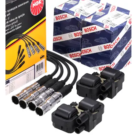 2x BOSCH Z&uuml;ndspule + NGK Z&uuml;ndkabelsatz f&uuml;r MERCEDES-BENZ W169 W245 150-200 TURBO M266