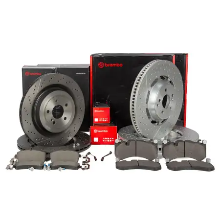 BREMBO Bremsscheiben + Bremsbel&auml;ge + Sensor f&uuml;r MERCEDES W205 C205 63AMG vorne + hinten