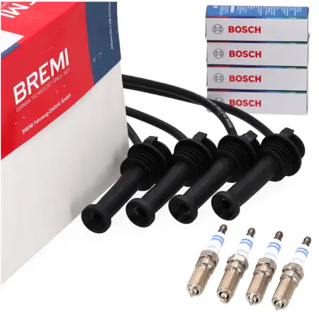 BREMI Z&uuml;ndkabelsatz + 4x BOSCH Z&uuml;ndkerze f&uuml;r FORD Fiesta 4 Focus 1 2 Puma 1.25-1.7