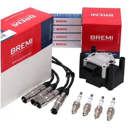 BREMI Z&uuml;ndspule + Kabelsatz 4x BOSCH Z&uuml;ndkerze f&uuml;r VW Golf 4 OCtavia 1 2.0 8P Leon 1P 1.6