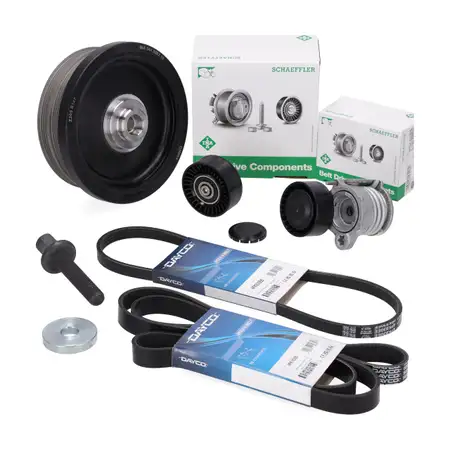 2x DAYCO Keilrippenriemen + INA Spanner + Rolle + Riemenscheibe f&uuml;r BMW E87 E90 E91 M47