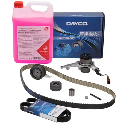 DAYCO Zahnriemensatz + Wasserpumpe + Keilriemen + 5L Frostschutz f&uuml;r VW Golf 8 2.0 TDI
