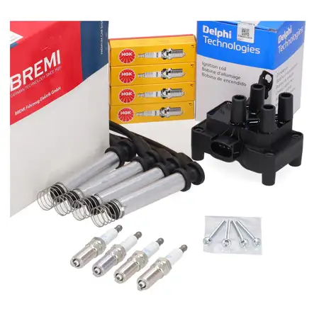 DELPHI Z&uuml;ndspule + BREMI Kabelsatz + 4x NGK Z&uuml;ndkerze f&uuml;r FORD Fiesta 5 1.3 08.02-08.2007