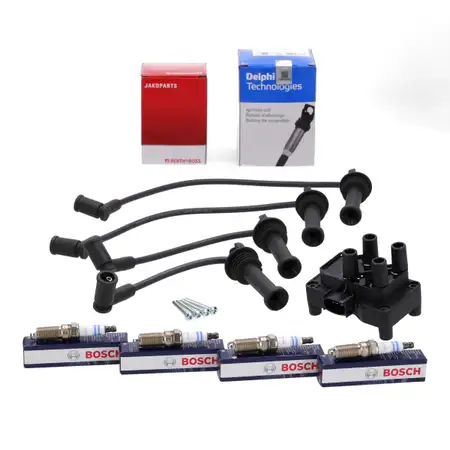 DELPHI Z&uuml;ndspule + H+B Kabelsatz + 4x BOSCH Z&uuml;ndkerze f&uuml;r FORD Fiesta 4 1.25 Focus 1 2 1.6