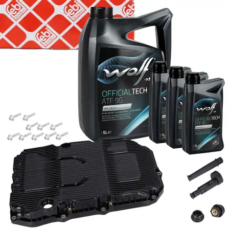 febi Automatikgetriebe&ouml;lwanne + 8L WOLF Getriebe&ouml;l f&uuml;r MERCEDES 9G-Tronic 725