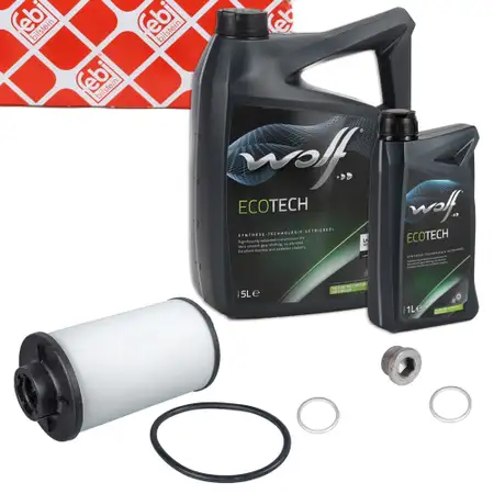 febi Getriebefilter Satz + 6L WOLF Getriebe&ouml;l AUDI SEAT SKODA VW 6-Gang DQ250
