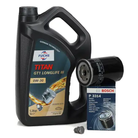 5L FUCHS TITAN 0W-30 Motor&ouml;l + BOSCH &Ouml;lfilter f&uuml;r AUDI SEAT SKODA 1.6 1.8 2.0 06A115561B