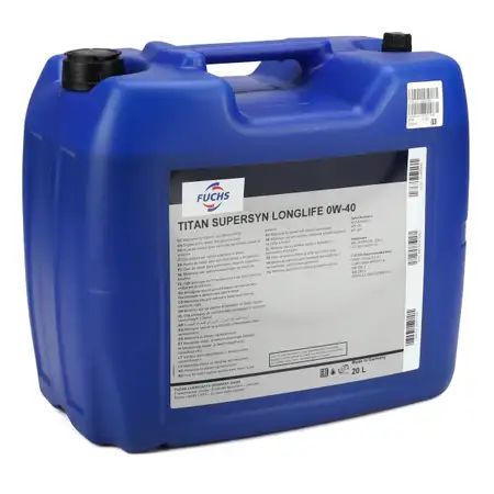 20L 20 Liter FUCHS TITAN SUPERSYN LONGLIFE 0W-40 Motor&ouml;l &Ouml;l MB 229.5 VW 502/505.00