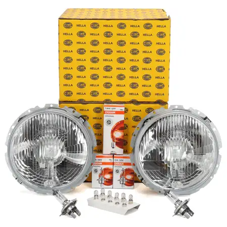 2x HELLA HALOGEN H4 Scheinwerfer + Leuchtmittel f&uuml;r VW Golf 1 K&auml;fer ab 08.1973 Bulli Caddy