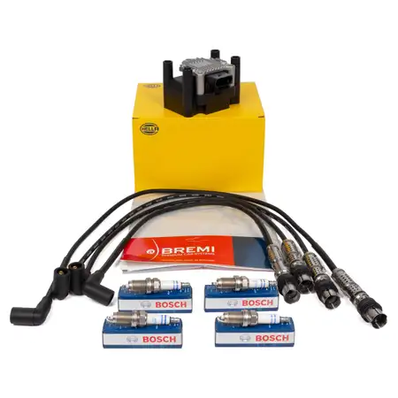 HELLA Z&uuml;ndspule + BREMI Z&uuml;ndkabelsatz + 4x BOSCH Z&uuml;ndkerze f&uuml;r VW Lupo 1.0 1.4 ab 10.1998