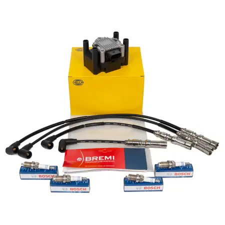 HELLA Z&uuml;ndspule + BREMI Z&uuml;ndkabelsatz + 4x BOSCH Z&uuml;ndkerze f&uuml;r VW 4 5 6 AUDI 8L 8P 1.6