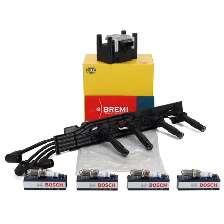 HELLA Z&uuml;ndspule + BREMI Z&uuml;ndkabelsatz + 4x BOSCH Z&uuml;ndkerze f&uuml;r VW Golf 4 Lupo 1.4/1.6 16V
