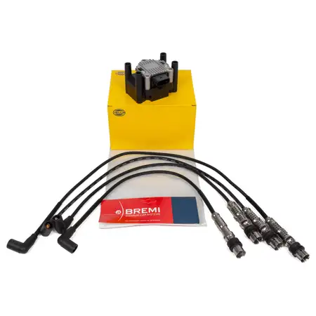 HELLA Z&uuml;ndspule + BREMI Z&uuml;ndkabelsatz f&uuml;r VW Polo 6N2 Lupo Caddy 2 SEAT Arosa 1.0 1.4