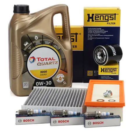 HENGST Filterset 3x BOSCH Z&uuml;ndkerze 5L TOTAL 0W30 f&uuml;r MITSUBISHI Colt 6 SMART ForFour 1.1