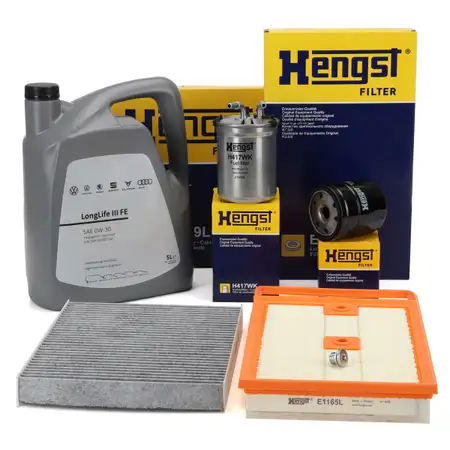HENGST Filterset 4-tlg + 5L ORIGINAL 0W30 Motor&ouml;l f&uuml;r VW Polo 5 8X Ibiza 4 Fabia 3 1.4 TDI