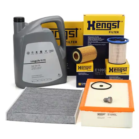 HENGST Filterset 4-tlg + 5L ORIGINAL 0W30 Motor&ouml;l f&uuml;r VW Golf 7 Passat B8 8V 1.6/2.0 TDI
