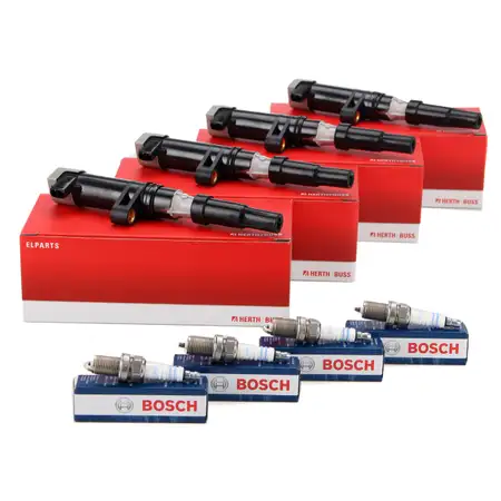 4x HERTH+BUSS Z&uuml;ndspule + BOSCH Z&uuml;ndkerze f&uuml;r RENAULT DACIA NISSAN OPEL 1.4-2.0