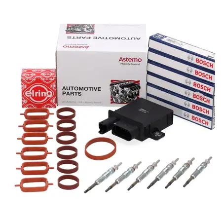 HITACHI ASTEMO Steuerger&auml;t Gl&uuml;hzeit + 6x BOSCH Gl&uuml;hkerze + ELRING Dichtungen f&uuml;r BMW M57